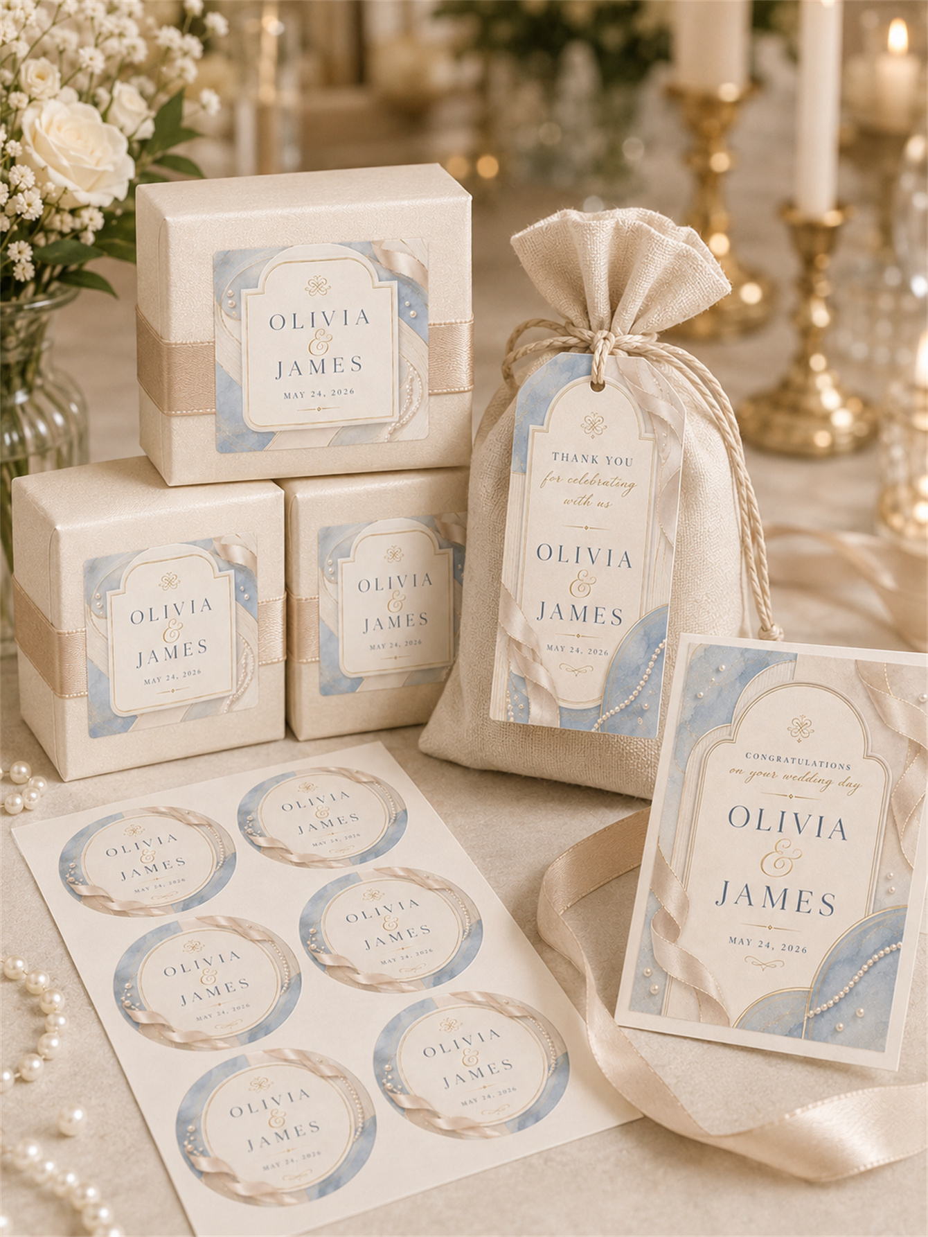 Elegant gray-blue and champagne gold wedding decorations - romantic and elegant wedding - arched frame design with ribbons and pearls as embellishments - custom name and date